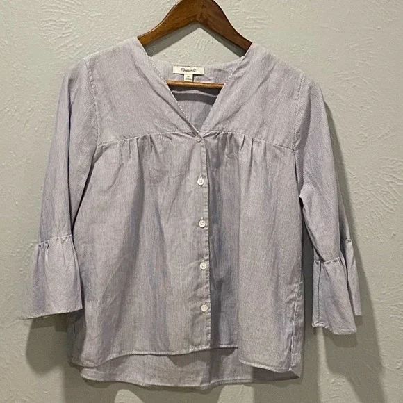 Madewell Veranda Bell-Sleeved Shirt Striped Blouse Womens XS - Picture 5 of 8